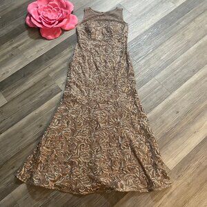 VTG Y2K IGNITE EVENINGS Sz 8 Mocha Beaded Embroidered Illusion Neck Evening Gown